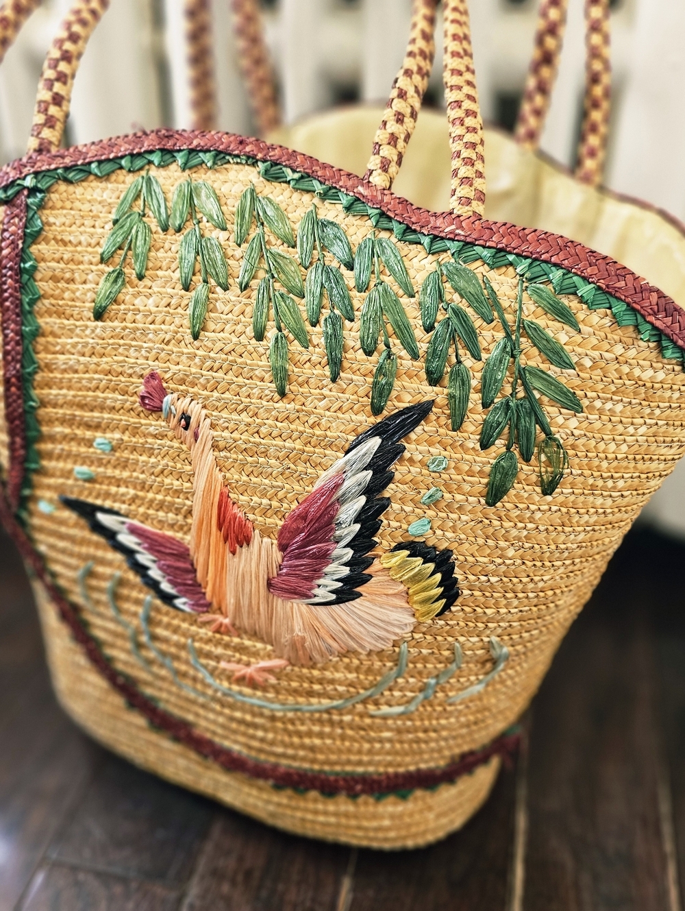 Vintage 1970s Embroidered Straw Tote Bag Beach Bag Bird & Willow Tree - Picture 3 of 14